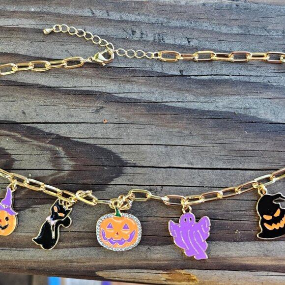Halloween Pumpkin Cat Ghost Skull Gold Charm Necklace - Picture 2 of 4